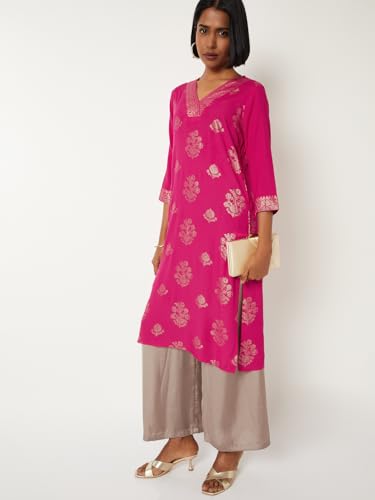 Max Women Foil Print Straight Kurta (Pink_XXL)