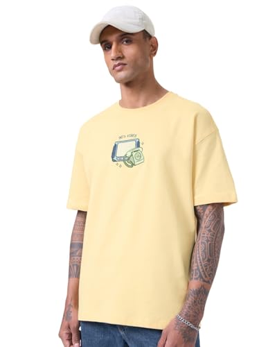 The Souled Store Flashback Fits: My Vibe Men and Boys Short Sleeves Round Neck Light Yellow Embroidered Casual Drop Shoulder Lightweight Streetwear Oversized T-Shirt