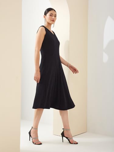 Latin Quarters Women Blue V- Neck Sleeveless A-Line Solid Party Dress_M