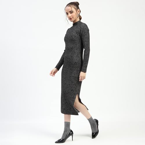 Madame Black Textured Bodycon Dress with Long Sleeves