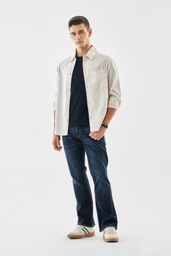 SNITCH Men's Box Fit Overshirt | Textured Floral Pattern with Full Sleeve & Point Collar | 100% Cotton, Breathable & Lightweight Casual Wear | Beige