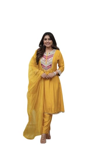 VARNI FABRICS: A lady's First Love Women's Chanderi Yellow Embroidered Kurta Pant Set With Dupatta, Ethnic Wear (IN, Alpha, XL, Regular)