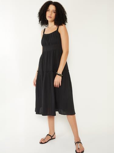 Max Women Seersucker Tiered Dress(Black_XS)