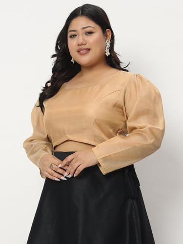 studio rasa Women's Plus Size Cotton Tissue Sheer Sleeves Readymade Saree Blouse for Wedding Festive Party (TPWPC223PS17-3XL_BL_Gold_3XL)