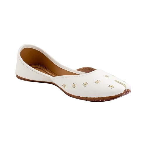 KORAKARI Women's Genuine Leather Traditional Ethnic Vanilla Handmade Punjabi Jutti, Leather Flat Comfortable Mojaris for Girls (Size: UK6, White)
