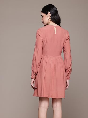 Label RITU KUMAR Round Neck Full Sleeves Solid Short Dress Rust