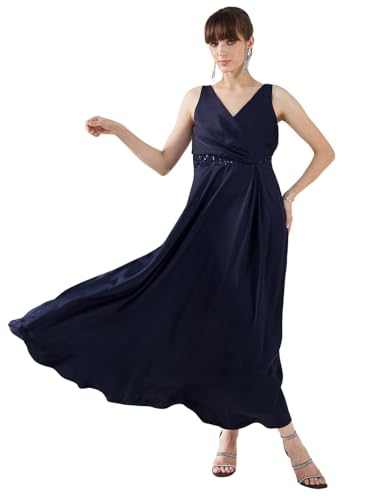 Latin Quarters Women's Blue Sleeveless V-Neck Solid Party Maxi Dress_M