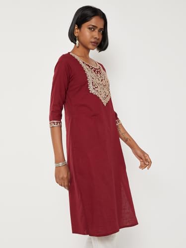 Max Women Yoke Embroidered Straight Kurta (Maroon_S)