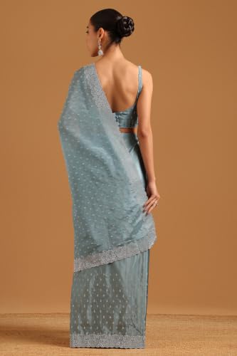 Soch Womens Powder Blue Satin Embellished Zari Woven Swarovski Stone Saree