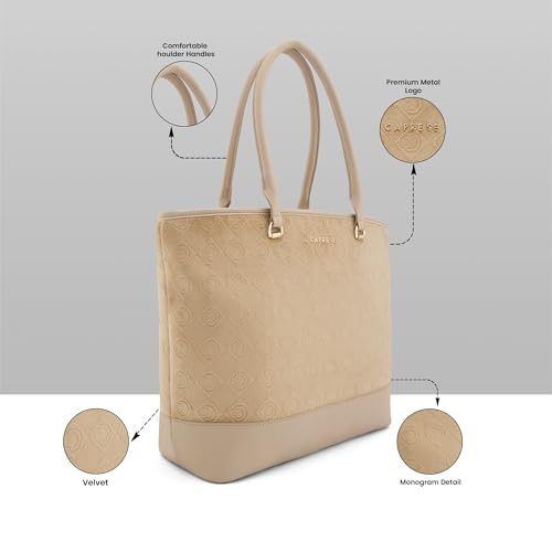Caprese Katherine Large Monogram Velvet Laptop Tote for Women | Premium Multi-Compartment Office Handbag with Padded Tech Sleeve | Shoulder Bag for 15.6" Laptop for Work & Travel (Alpine Oat)