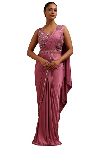 Soch Womens Blush Pink Spandex Solid Ready To Wear Saree