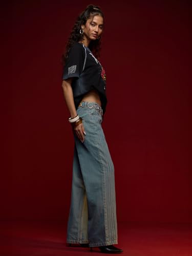 The Souled Store Straight-Fit Denim: Sapphire Women and Girls Buttoned Blue Solid Lightly Washed Straight Fit Cotton Jeans