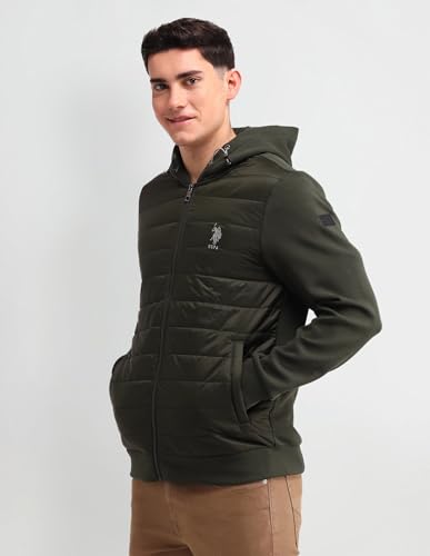U.S. Polo Assn. Denim Co. Men's Green Solid Hooded Long Sleeve Casual Polyester Regular Fit Quilted Jacket (UDJCK1408_Green_L)