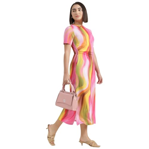 United Colors of Benetton Round Neck Swirl Print Dress (Size : 2XL) - 26P3099W3950I901 Multicolour