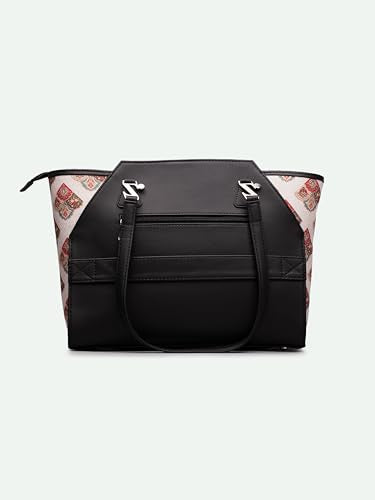 ZOUK Seashell Motif White Printed Jute Handcrafted Vegan Leather Black Women's Check-point Friendly Classic Business