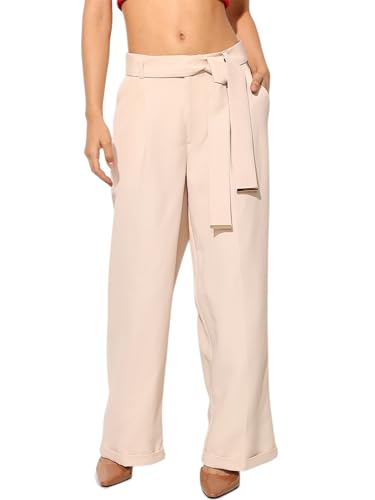 ONLY Women Loose Fit High-Rise Beige Pants with Belt