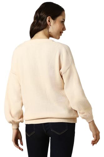 Women Beige Solid V Neck Casual Sweater