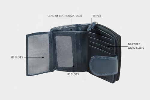 Calfnero Women's Genuine Leather Clutch Wallet-Leather Wallet with Zip Pocket and Note Compartment-Navy Leather Wallet for Women