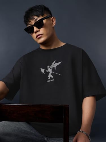 The Souled Store Linkin Park: Hybrid Theory Men and Boys Short Sleeves Round Neck Black Graphic Printed Casual Lightweight Drop Shoulder Streetwear Trendy Cotton Oversized T-Shirt