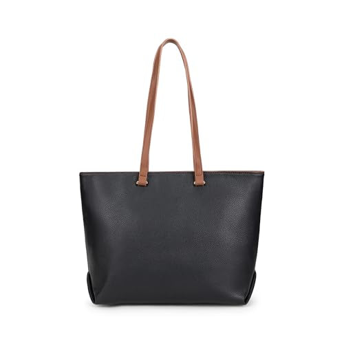 Fastrack Twilight Tan Laptop Tote Bag | Black on Tan Faux Leather Work Tote with 14 Inch Laptop Sleeve | Zip Closure with Organizer Pocket & Dual Handles