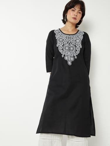 Max Women Chikankari Yoke Embroidered Straight Kurta (Black_L)