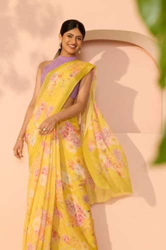 Taneira Light Yellow Printed Viscose Crepe SareeWith Unstitched Blouse(SAPP01AD4784-Light Yellow)