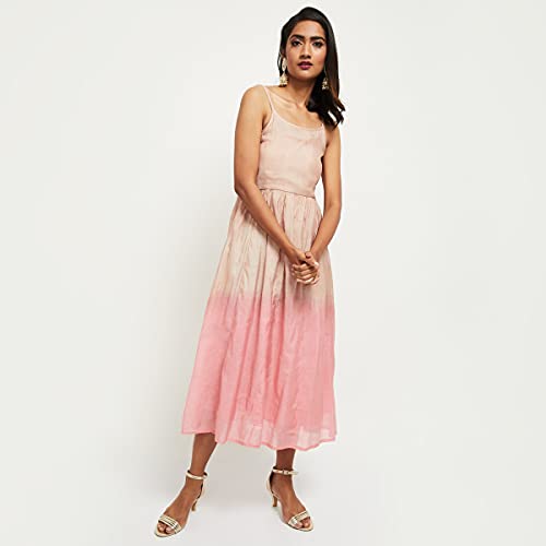 Max Women Printed Midi Dress with Sheen Top (IIFE21MX8_Peach_S)