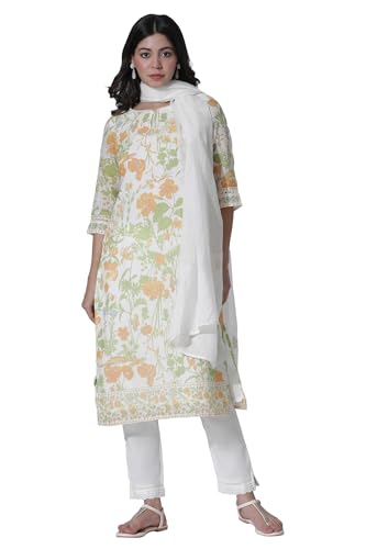 White Floral Printed Cotton Kurta, Pants with Dupatta Set_24ONWS10573-121976_XL