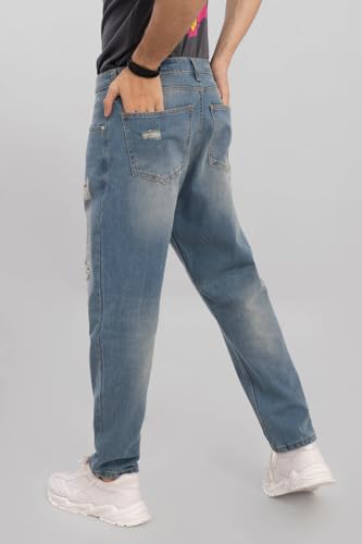 SNITCH Men Jeans | Baggy Fit with Distressed Design & Raw Cuffs | 100% Cotton Fabric for Streetwear & Summer Casuals |Blue