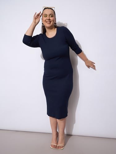 Navy Rib Round Neck Midi Dress