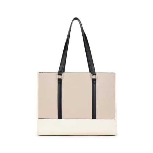 Fastrack Stitchline White Laptop Tote | Faux Leather Work Tote with Black Stitch Accents | 14 Inch Laptop Tote with Three Compartments & Center Zip Pocket | Dual Handles & Organizer Pockets