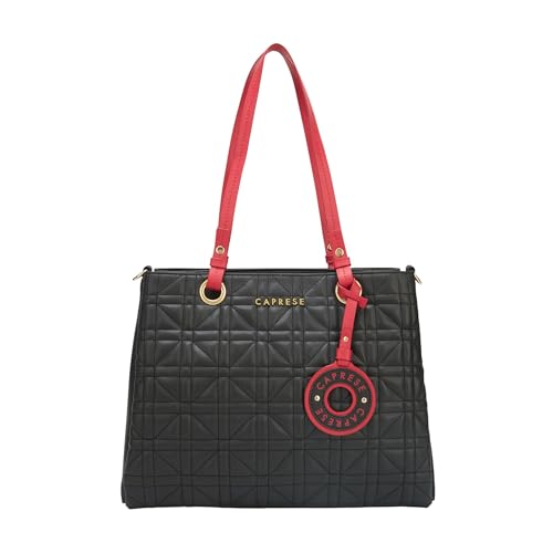 Caprese Aimee Large Quilted Faux Leather Satchel Bag for Women | Dual Closure, Multi-Compartment Shoulder & Crossbody Handbag with Detachable Strap | Perfect for Work, Travel & Shopping (Black)
