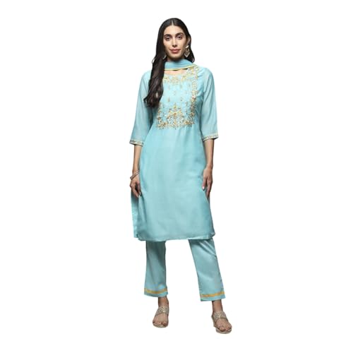 BIBA WOMEN YARNDYED NARROW SALWAR KURTA DUPATTA(SKDSKD7456E_TURQUOISE_40)