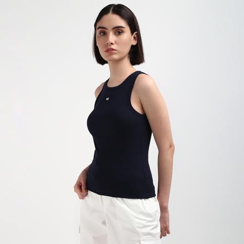 Tommy Hilfiger Blue Solid Cotton Women Tank Top