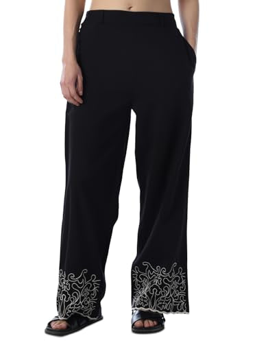 ONLY Women Embroidrey Flared Fit High-Rise Black Pants