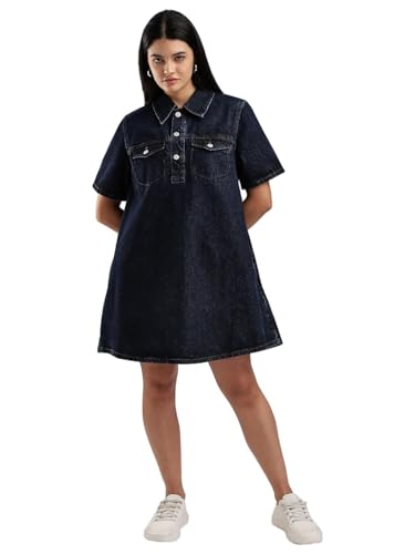 Calvin Klein Jeans Women's Cotton A-Line Above The Knee Casual Dress (47B073G401_Dark Ck Blue