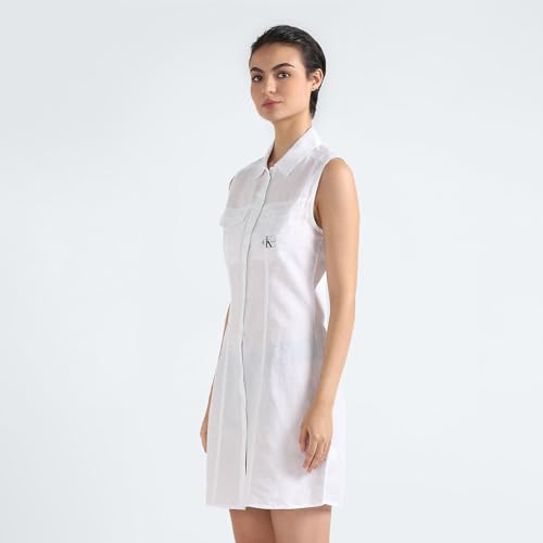 Calvin Klein Linen White Solid Shirt Collar Sleeveless Women Shirt Dress (XL)