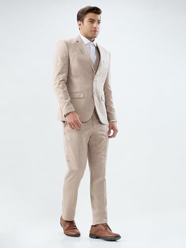 Park Avenue Men Slim Fit Solid Pattern Terry Rayon Blend Notch Lapel Full Sleeve Ceremonial Suit Fawn