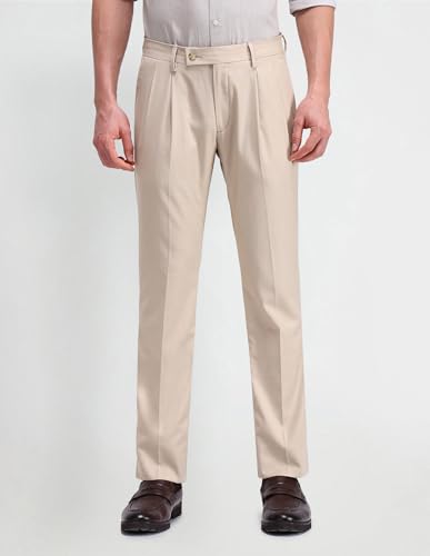 Arrow Men's Beige Solid Mid Rise Polyester Hook and Bar Slim Pleated Front Slant Pocket Trousers (ARAITR2144_Beige_36)