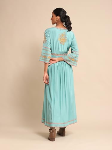 Ritu Kumar Turquoise Embroidered Tussar Silk Dress