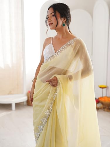 AKHILAM Women's Shimmer Lemon Yellow Chiffon Embellished Saree With Unstitched Blouse Piece (AARYAN21203_KR)