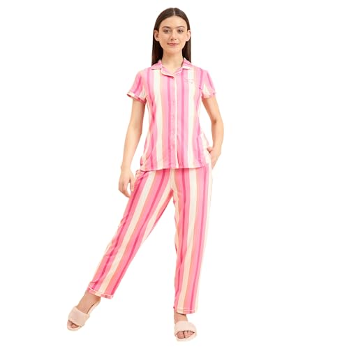 Sweet Dreams Women's Cotton Blend Striped Pajama Set Pack of 2 (2111AXCO Pink S)