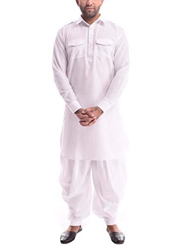 Royal Kurta Mens Linen Cotton Pathani Kurta Patiala Salwar Set White