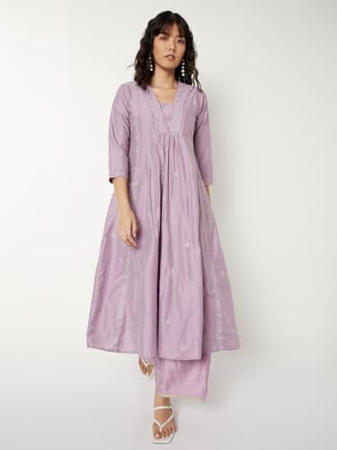 Max Women Embroidered A-line Kurta Set(Purple_L)