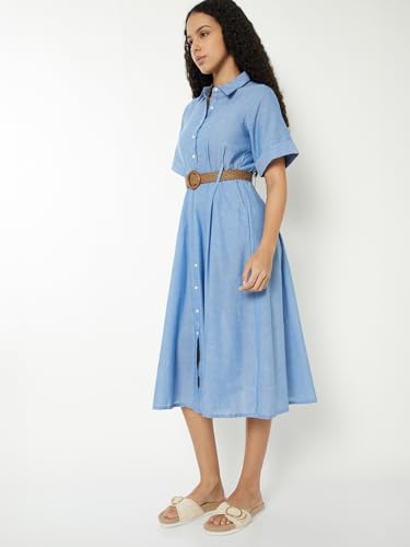 Max Women Solid A-line Shirt Dress with Belt (Blue_L)