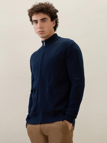 Raymond Men Regular Fit Structure Pattern Acrylic Wool Blend V Neck Full Sleeve Casual Winter Wear Blue
