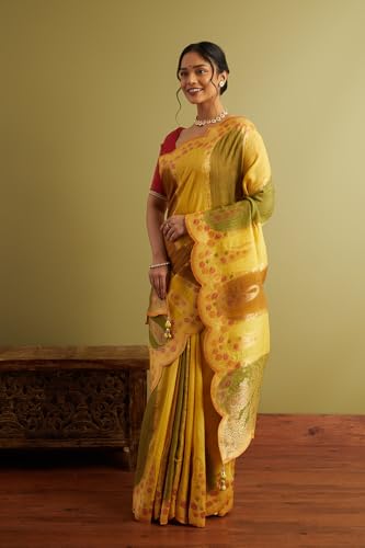 Taneira Women Yellow Woven Viscose Luxe Saree with Unstitched Blouse Piece (SPG08H00006-Yellow)