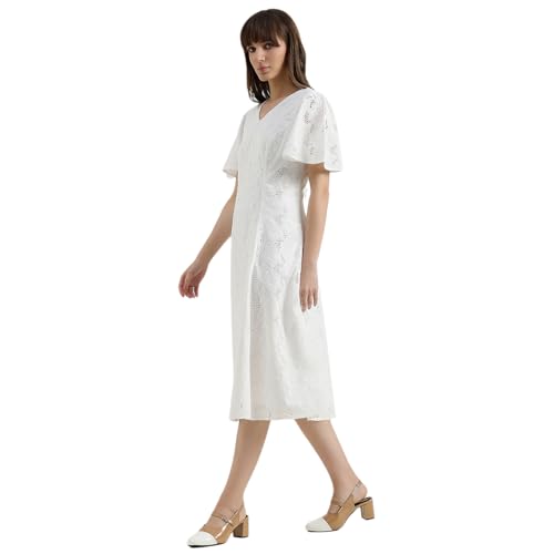 United Colors of Benetton Regular Fit V-Neck Schiffli Embroidered Dress (Size : S) - 26P4WVNDRS83I101 White