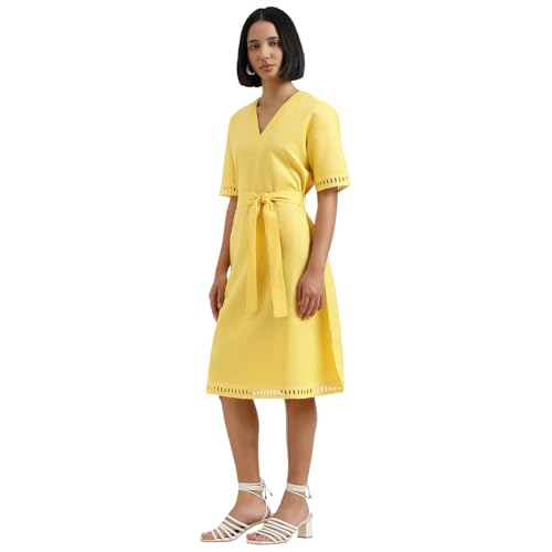 United Colors of Benetton Regular Fit V-Neck Self Design Dress (Size : S) - 26P4WVNDR307I3N8 Yellow