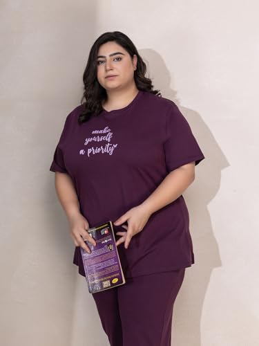 TITTLI Women Plus Size Pure Cotton Typography Printed Nightsuit Set | T-Shirt and Pyjama Nightwear | Soft Cotton Sleepwear with Pockets | Lounge Wear for Women | L to 8XL Wine